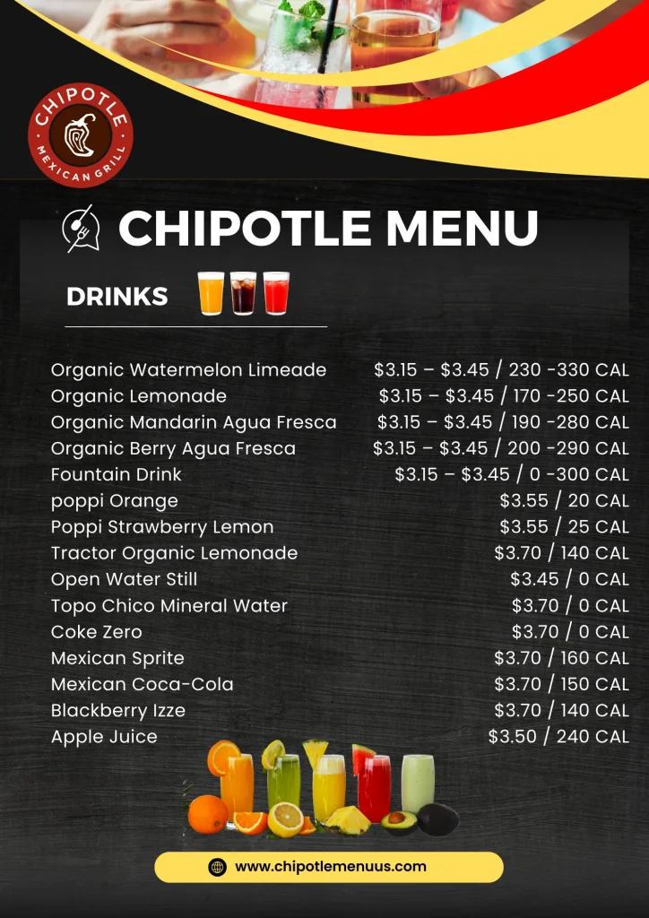 Chipotle Drinks menu with prices and calories